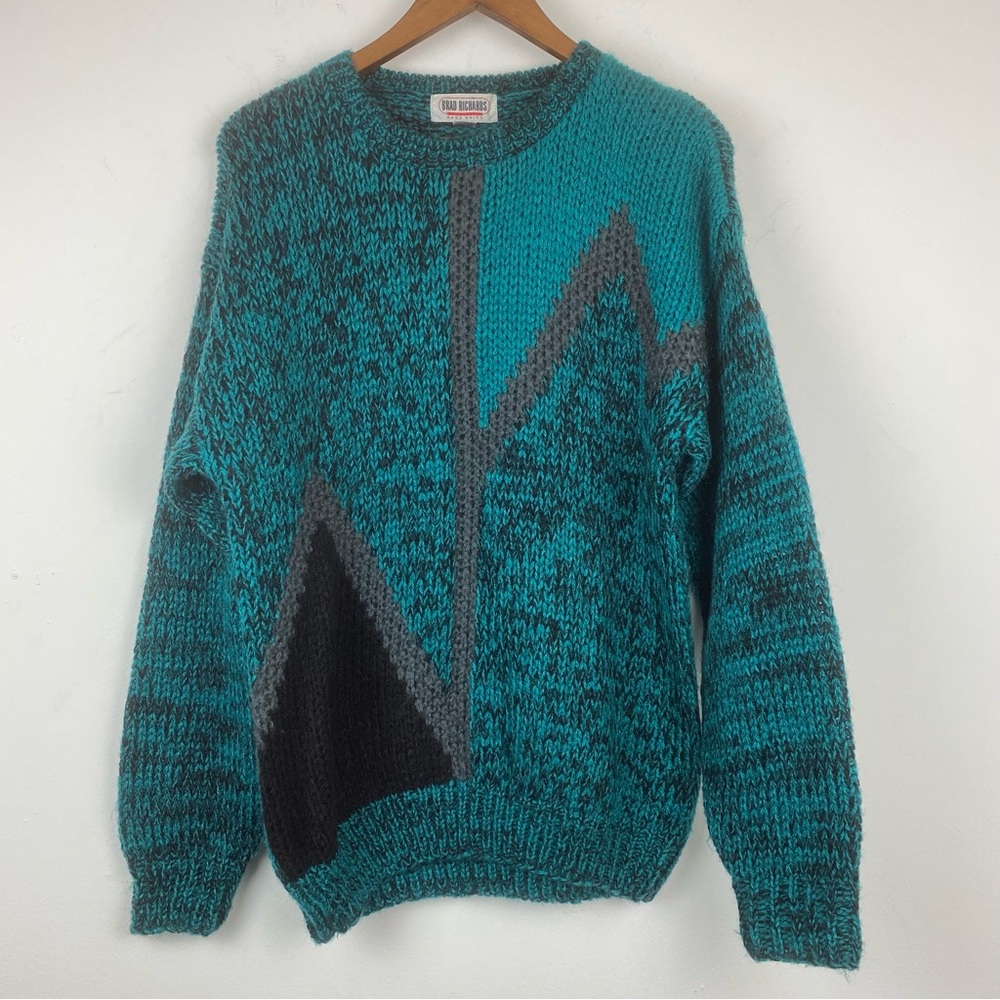 Vintage Brad Richards Hand Knits size Large Men’s Teal Black Abstract Sweater
